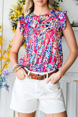 Rosy Boho Abstract Print Ruffle Babydoll Sleeveless Shirt