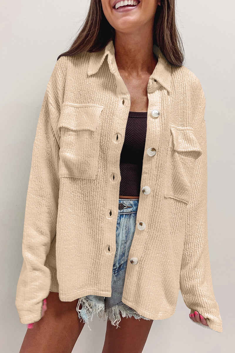 Apricot Plain Rib Textured Pocket Button Jacket