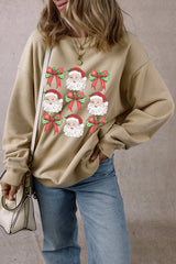 Parchment Christmas Santa Claus Bow Knot Print Drop Shoulder Sweatshirt