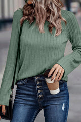 Green Textured Round Neck Knit Long Sleeve Top