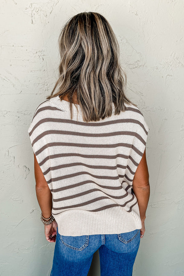 Brown Stripe Side Slits Short Sleeve Knit Top