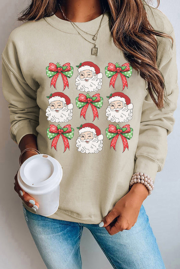 Parchment Christmas Santa Claus Bow Knot Print Drop Shoulder Sweatshirt