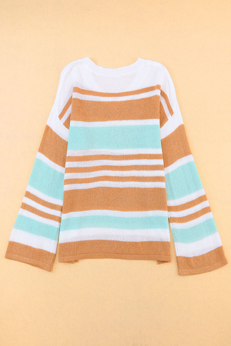 Multicolor Colorblock Stripe V Neck Split Sweater