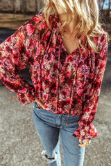 Rose Red Floral Print Drawstring Frill V Neck Blouse