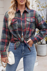 Dark Blue Plaid Chest Pocket Button Front Shirt