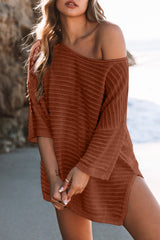 Brown Solid Color Rib-Knit Drop Sleeve Side Slits Top