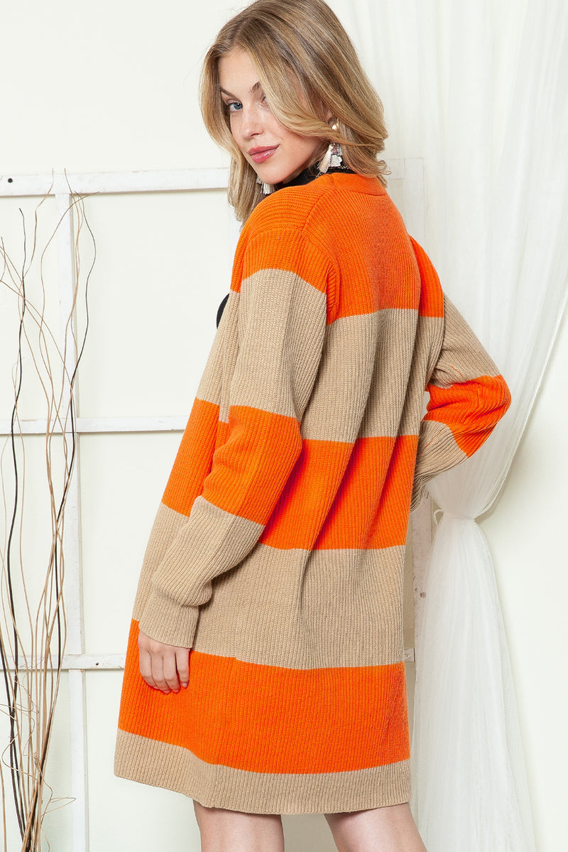 Orange Colorblock Ribbed Knit Open Front Cardigan