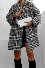 Houndstooth Collared Neck Long Sleeve Coat