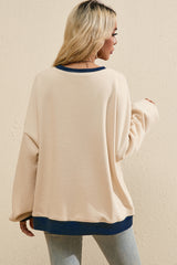 White Color Block Drop Shoulder Crewneck Oversized Sweatshirt