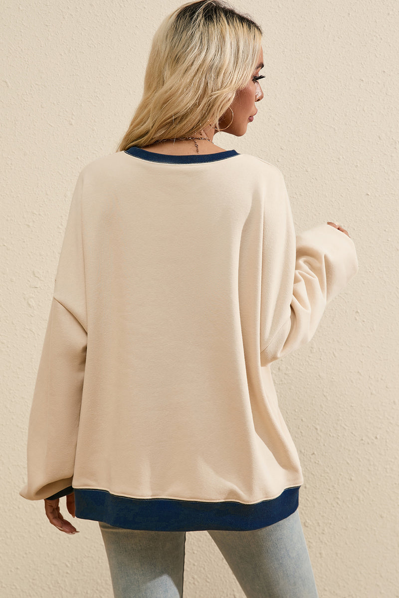 White Color Block Drop Shoulder Crewneck Oversized Sweatshirt