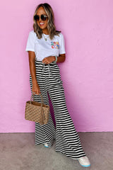 Black Stripe Lace-up Waist Casual Flared Pants