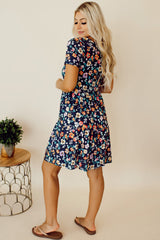 Blue Boho Floral A Line Smocked Waist Mini Dress