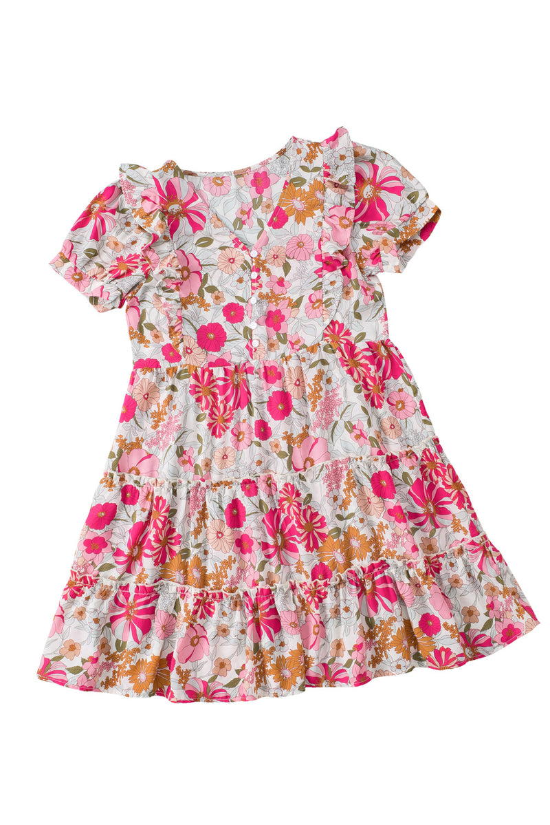 Multicolor Floral Print Patchwork Frill Tiered Shift Dress