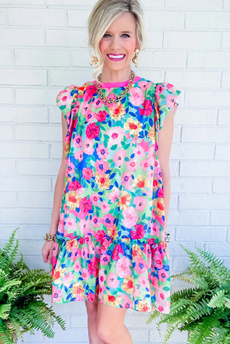 Multicolour Vibrant Floral Print Cap Sleeve Frill Dress