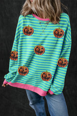 Blue Stripe Funny Halloween Pumpkin Face Oversize Graphic Sweatshirt