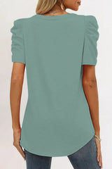 Green Solid Puff Sleeve Casual V Neck T-Shirt