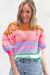 Rose Red Colourful Stripe Bubble Sleeve Gradient Knit Top