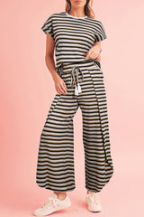 Yellow Stripe Rainbow Tee and Tassel Drawstring Wide Leg Pants Set