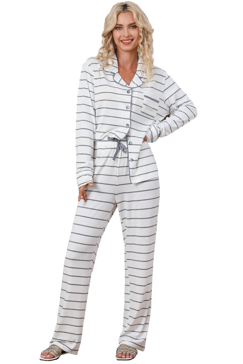 White Striped Print Long Sleeve Top & Drawstring Pants Pajamas Set