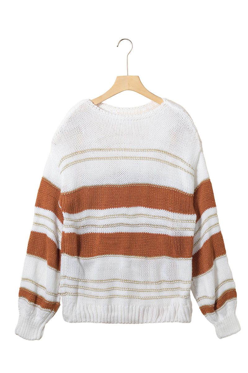 White Casual Stripe Print Knit Puff Sleeve Sweater