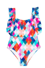 Multicolor Plaid Print Square Neck Frill Sleeveless Backless One-piece Swimwear