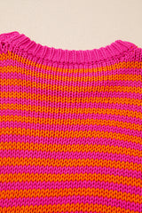 Rose Striped Puff Sleeve Round Neck Sweater