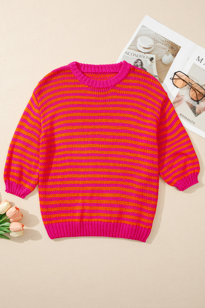 Rose Striped Puff Sleeve Round Neck Sweater