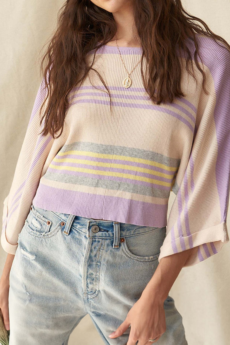 Purple Striped Rib-Knit Cropped Top