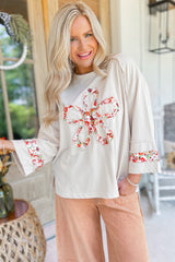 Beige Flower Patched Side Slits Plus Size Top