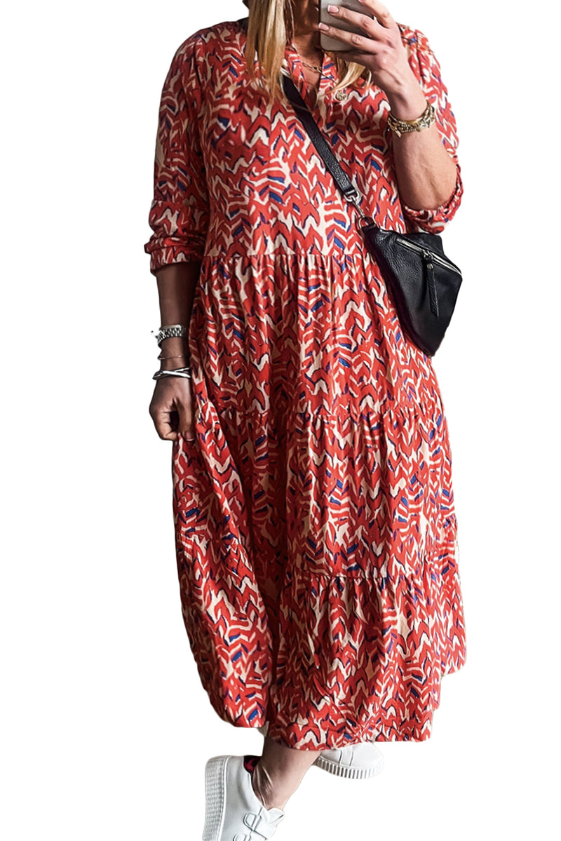 Red Plus Size Abstract Print Notch V Neck High Waist Maxi Dress