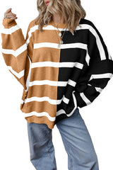 Pink Striped Colorblock Drop Shoulder Sweater