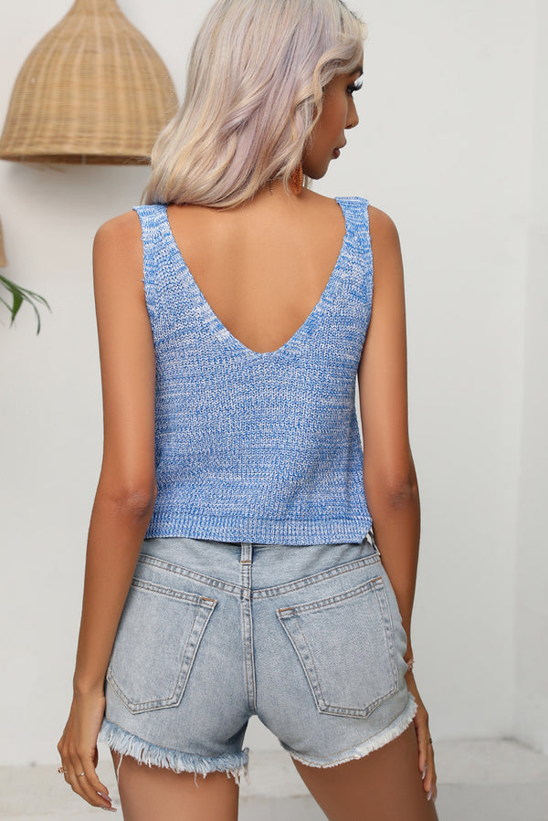 Sky Blue Knit Twisted V Neck Cropped Tank Top