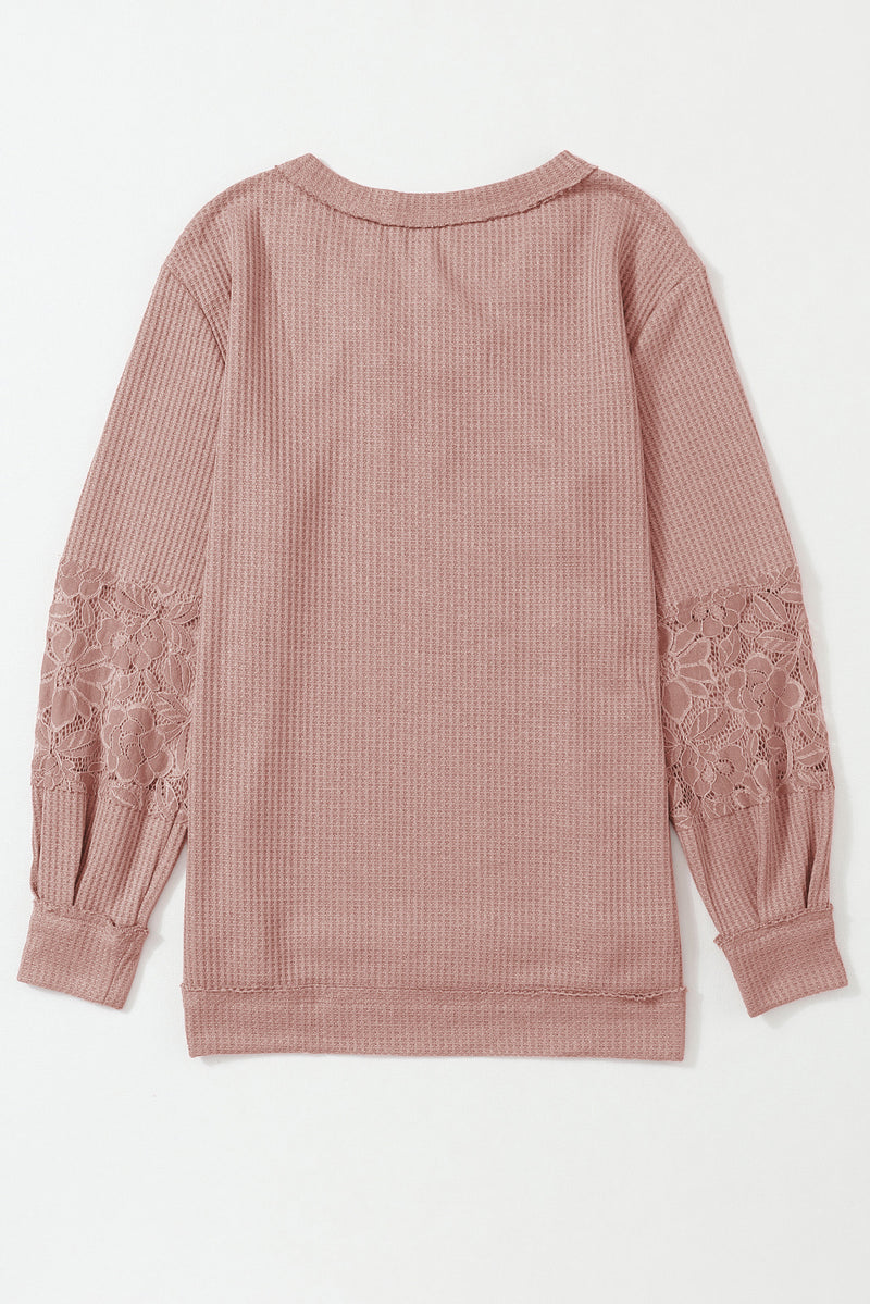 Apricot Lace and Waffle Knit Crisscross Straps V Neck Long Sleeve Top