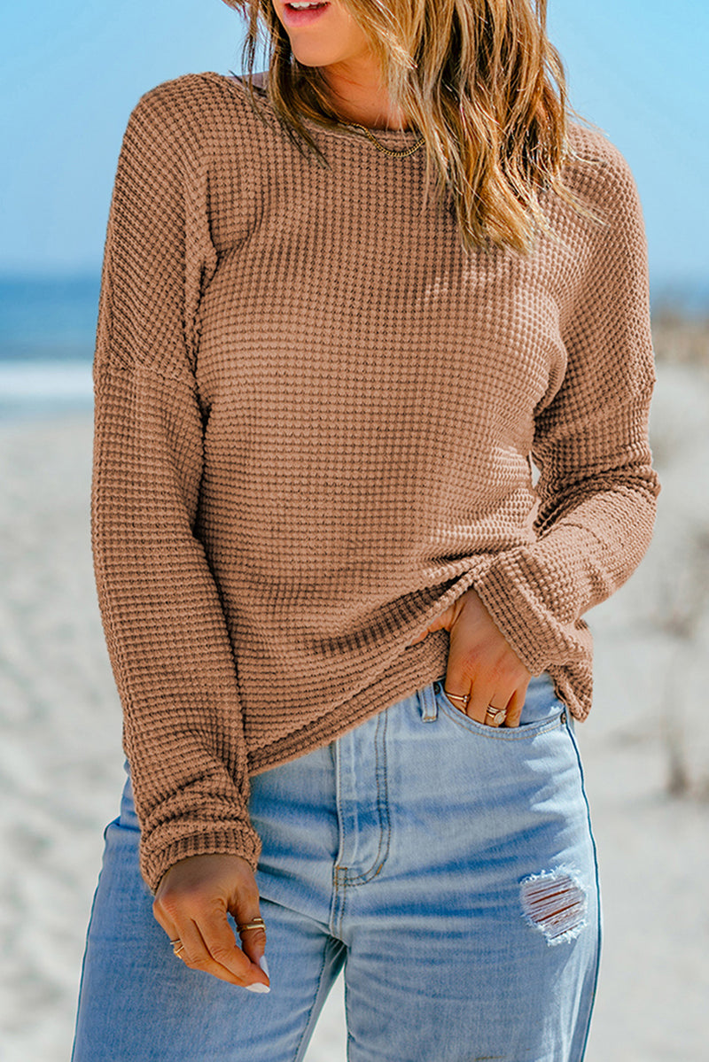 Khaki Waffle Knit Casual Drop Shoulder Long Sleeve Top