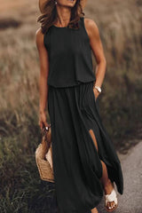 Black Solid Split Sleeveless Tunic Maxi Dress