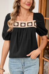 Black Crochet Square Neck Crinkled Blouse