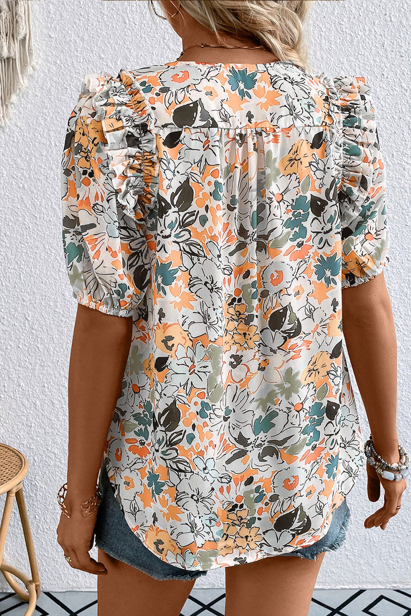 Multicolor Split V Neck Puff Sleeve Floral Print Blouse