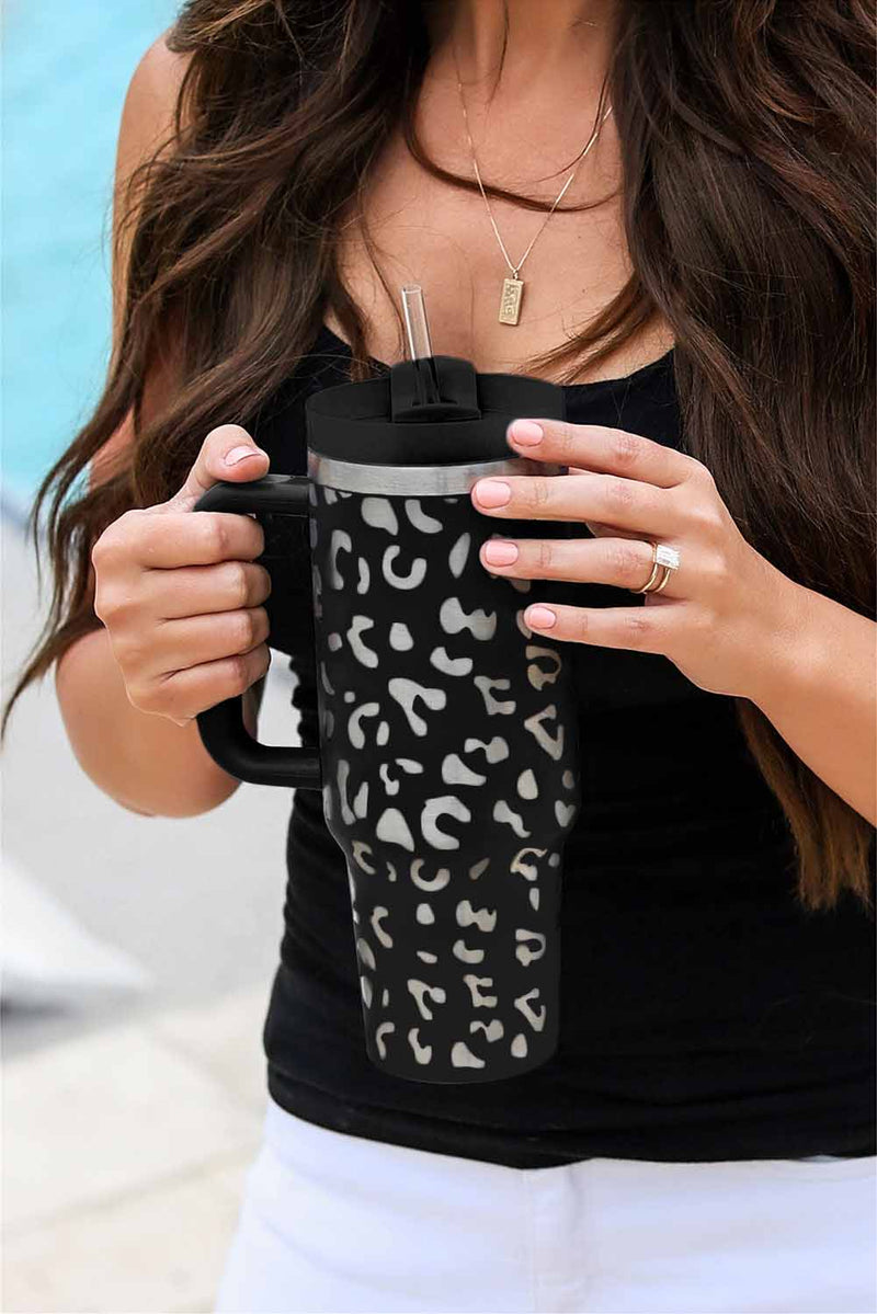 Green 40oz Stainless Steel Portable Leopard Tumbler Mug With Handle