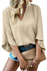 Parchment Solid Color Crinkled V Neck Ruffled Sleeve Blouse