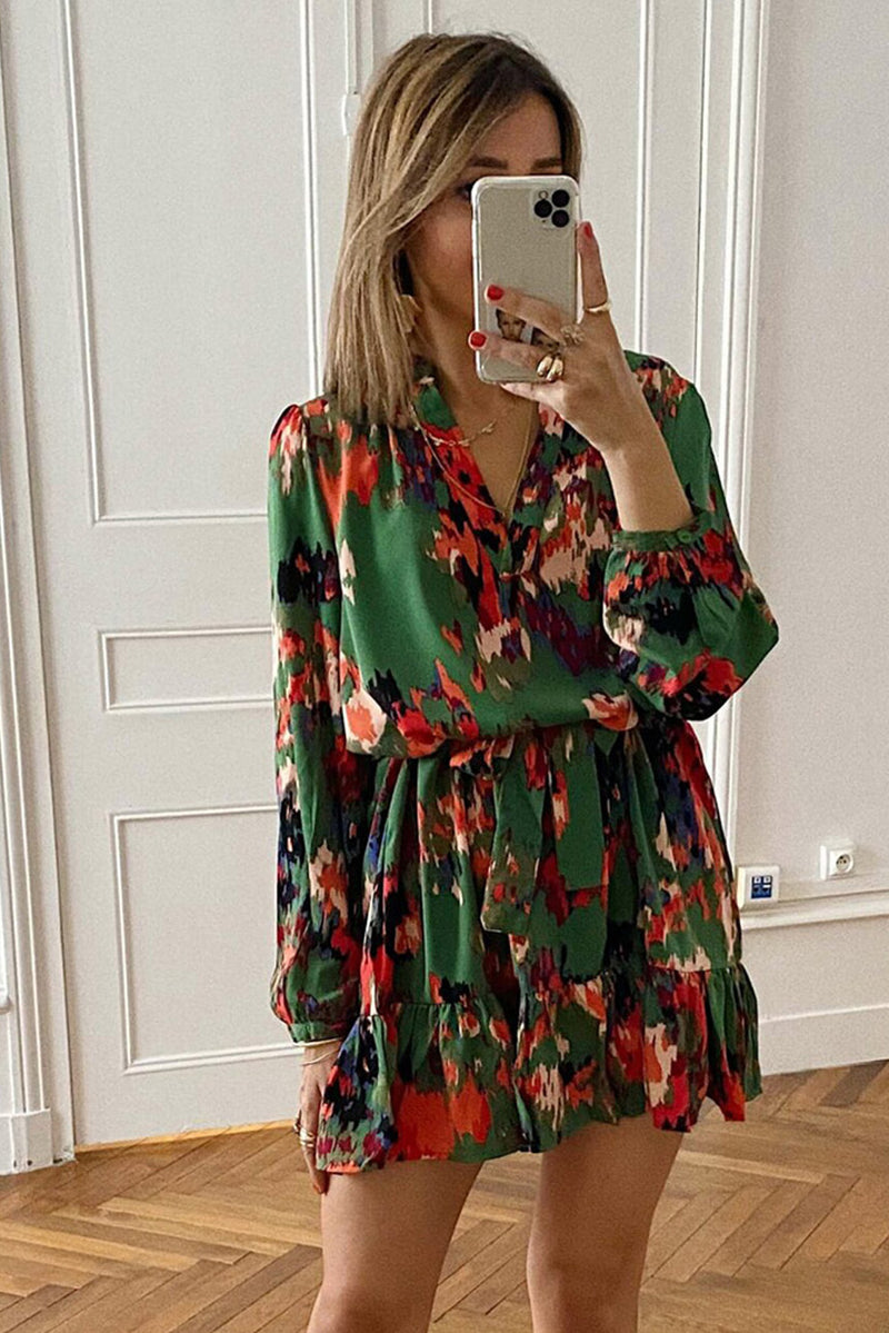 Abstract Print Waist Belted Flounce Hem Split V Neck Long Sleeve Dress