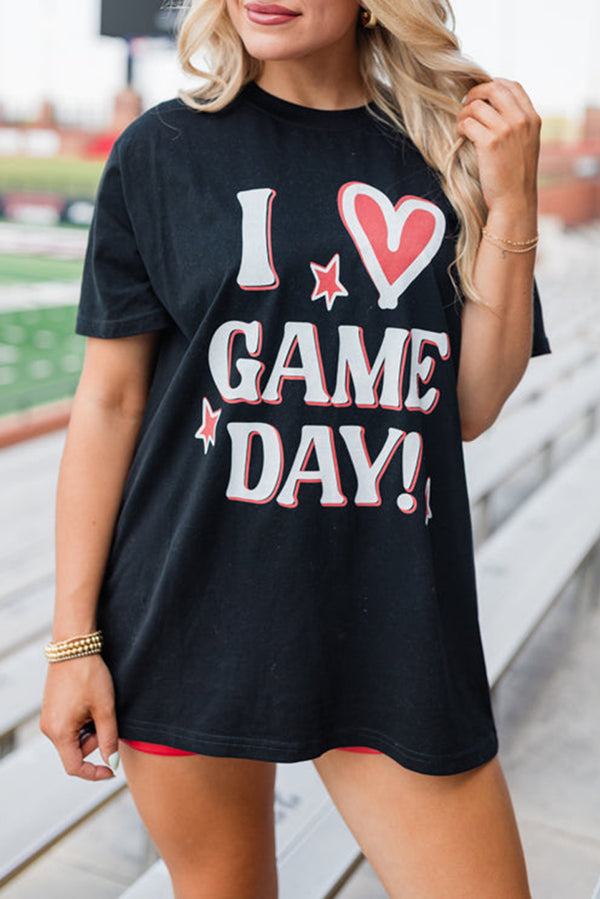 Black I Love GAME DAY Heart Printed Crewneck T Shirt