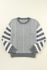 Brown Stripe Twisted Knitted Drop Shoulder Sweater