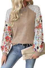 Parchment Floral Patchwork Raglan Sleeve Ribbed Blouse