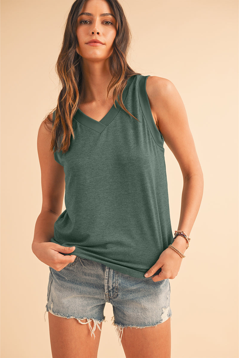 Simply Taupe Contrast Trim V-Neck Loose Fit Tank Top