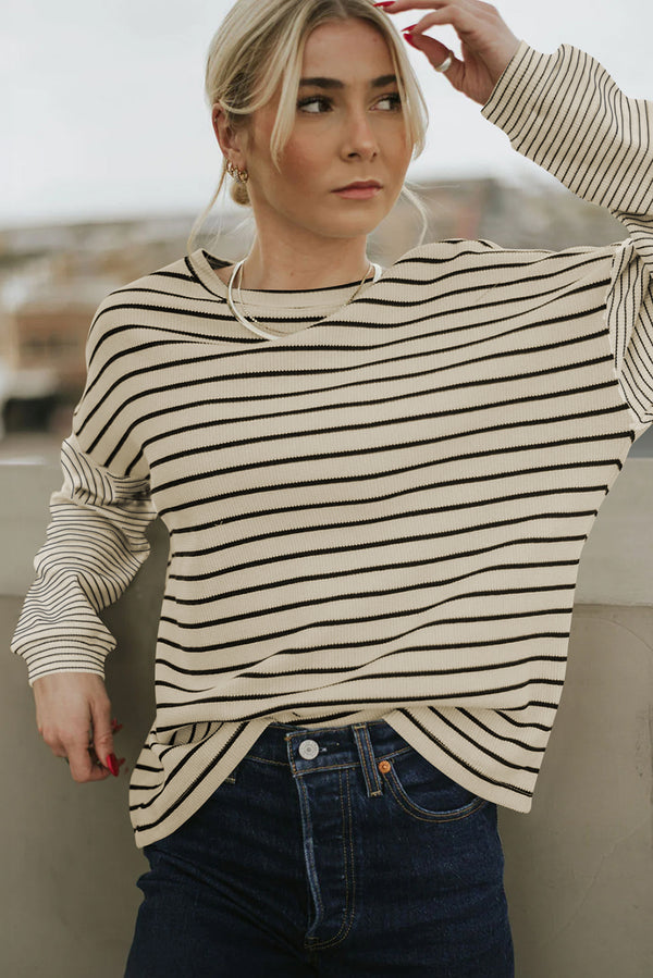 Black Stripe Patchwork Loose Long Sleeve Tee