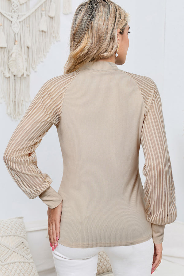 Apricot Ribbed Solid Color Striped Mesh Long Sleeve Top