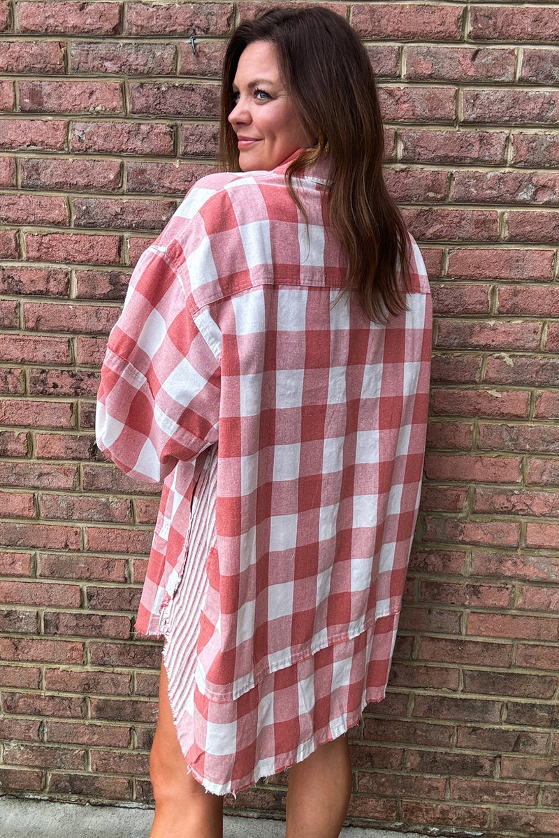 Pink Plaid Oversized Raw Hem Long Sleeve Dress