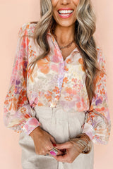 White Floral Print Buttoned Balloon Sleeve Loose Shirt