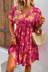 Rose Floral Short Sleeve Surplice Neck Ruffled Mini Dress