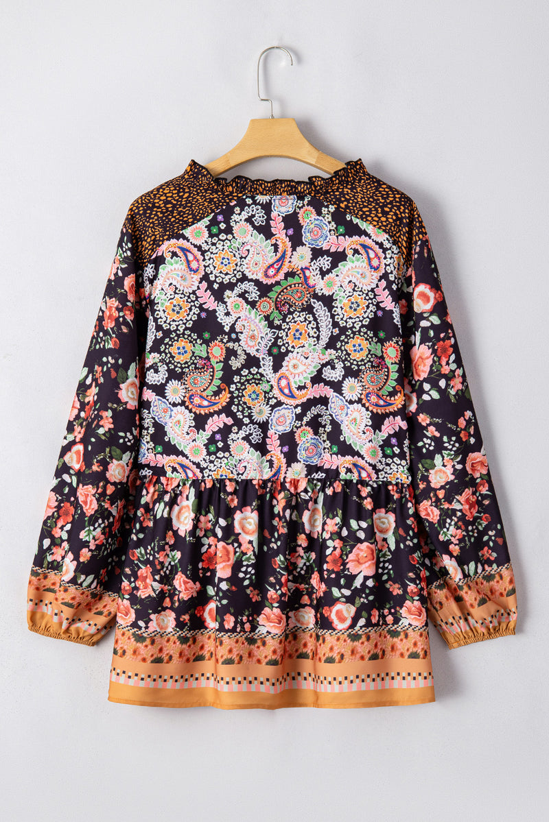 Black Plus Size Paisley Print V Neck Bubble Sleeve Blouse